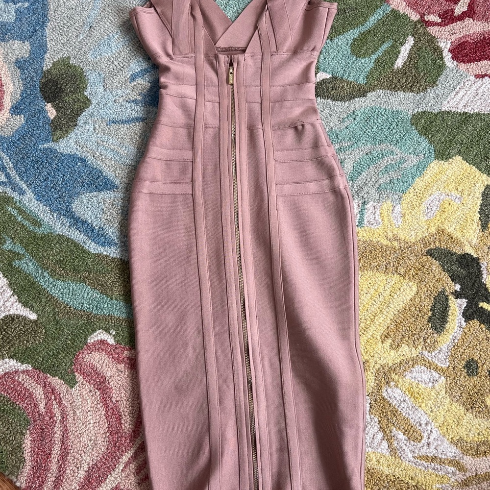 House of CB Sleeveless Dusty Rose Bodycon Midi Dress with Front Zip
